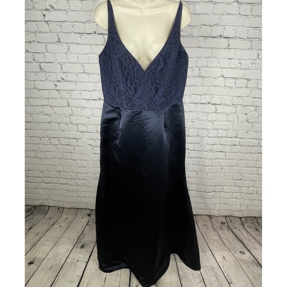 Hayley Paige Occasions Blue Satin Lace Sleeveless Maxi Prom Dress Gown Size 14